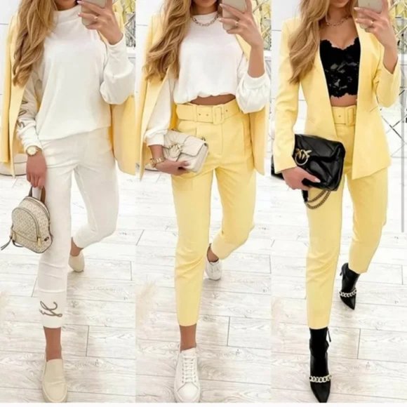 ZARA 2 Piece Lapelless Blazer + Pants Yellow - Picture 3 of 5